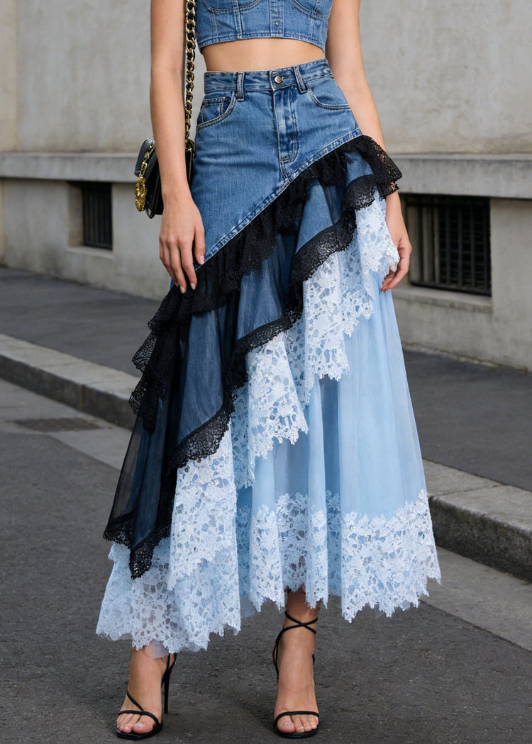 Beautiful Blue Asymmetrical Lace Patchwork Denim Skirts Summer - Omychic