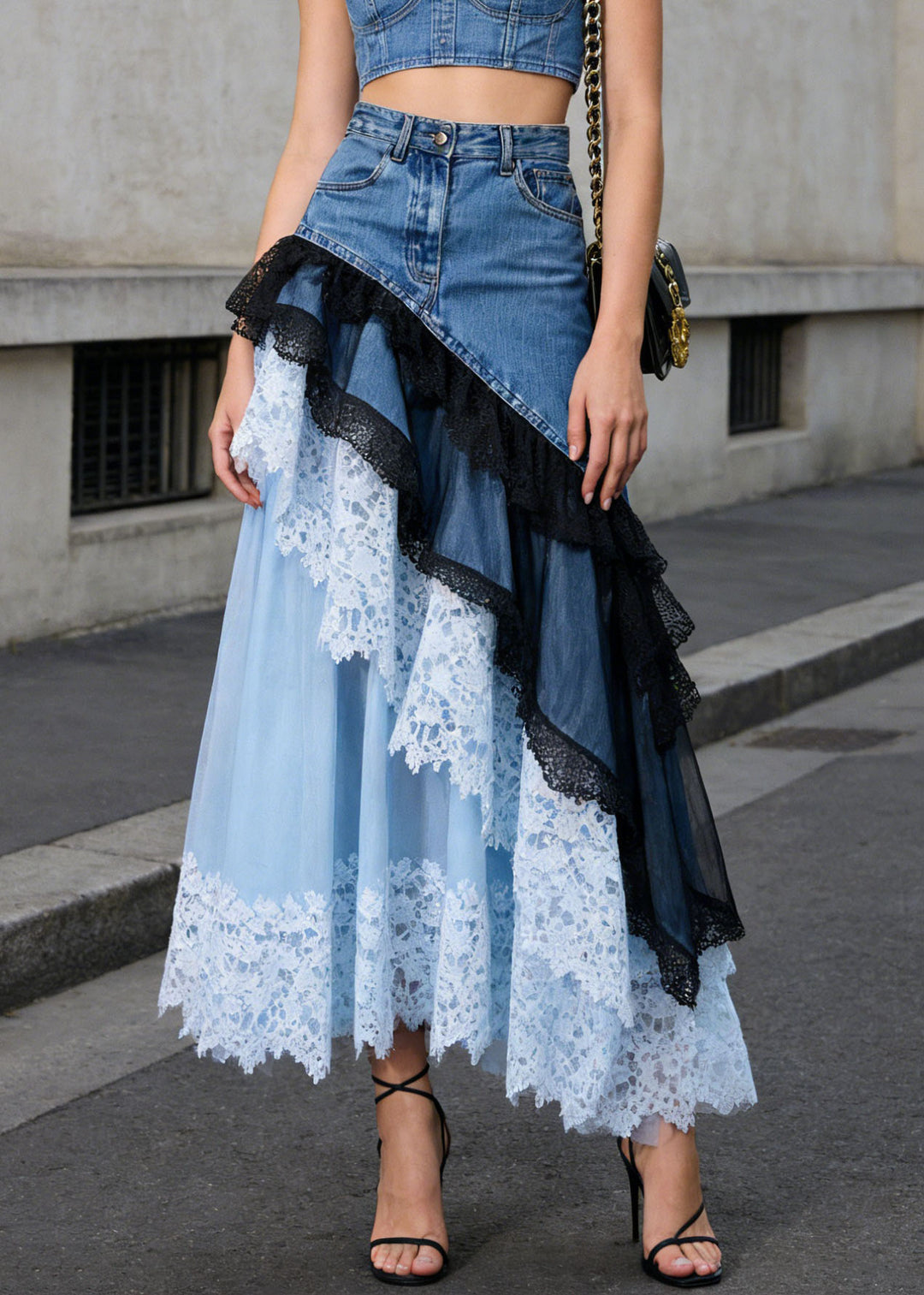 Beautiful Blue Asymmetrical Lace Patchwork Denim Skirts Summer - Omychic