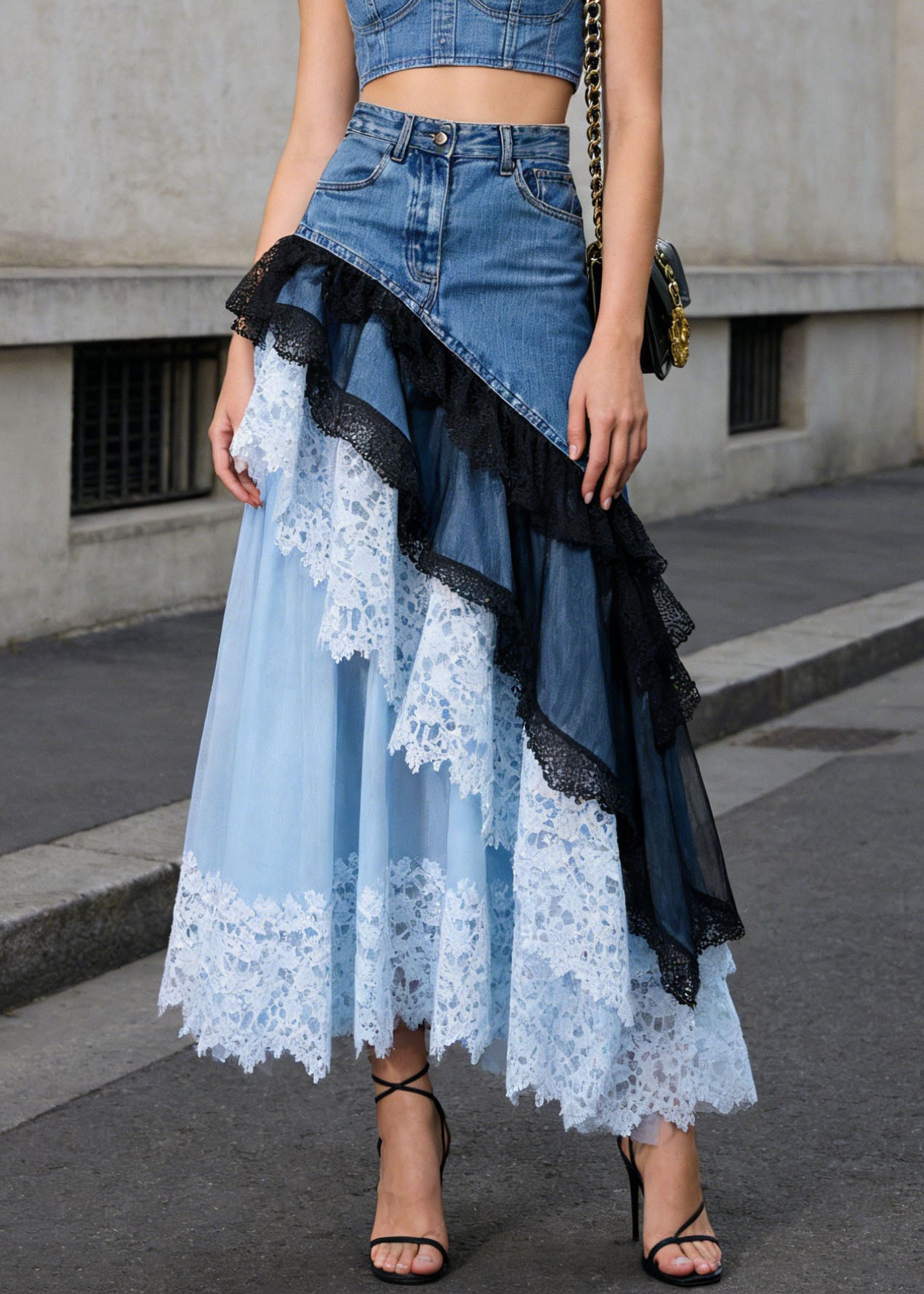 Beautiful Blue Asymmetrical Lace Patchwork Denim Skirts Summer - Omychic