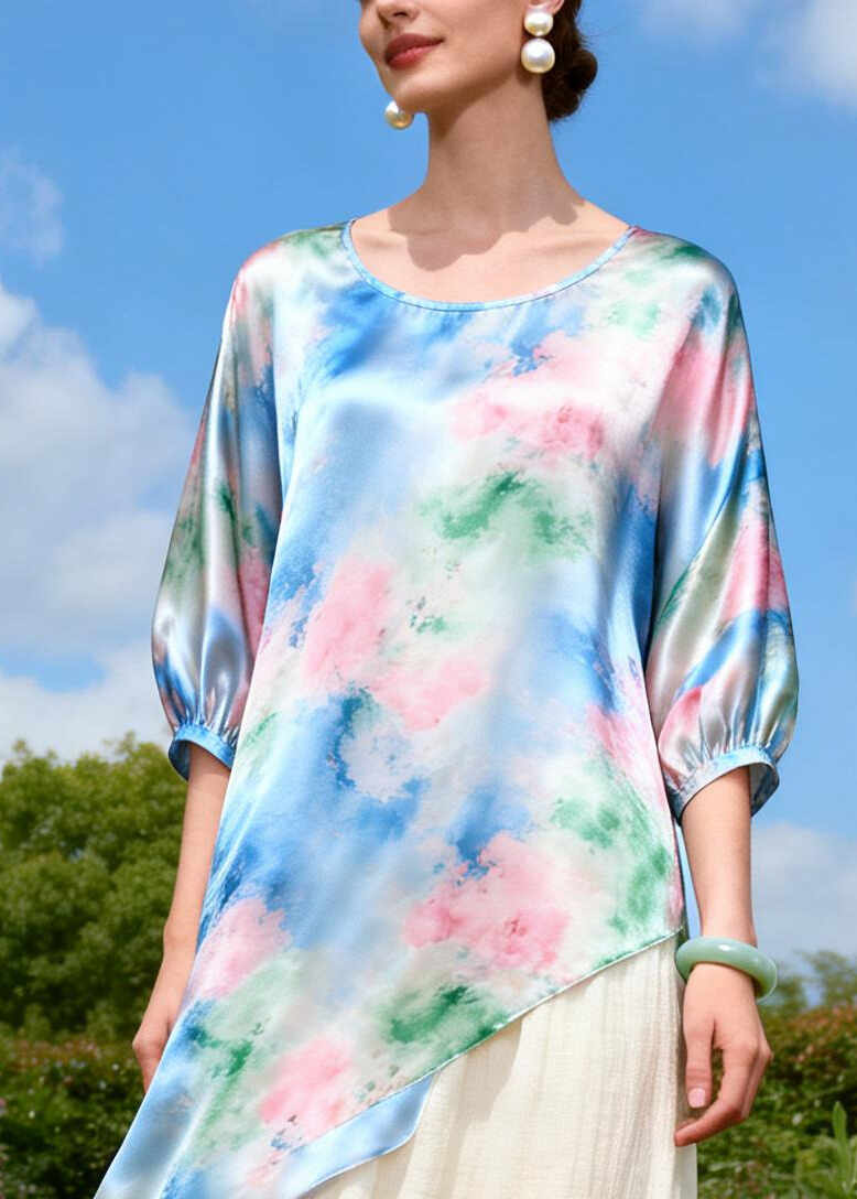 Beautiful Blue Asymmetrical Patchwork Silk Fake Two Piece Dress Summer