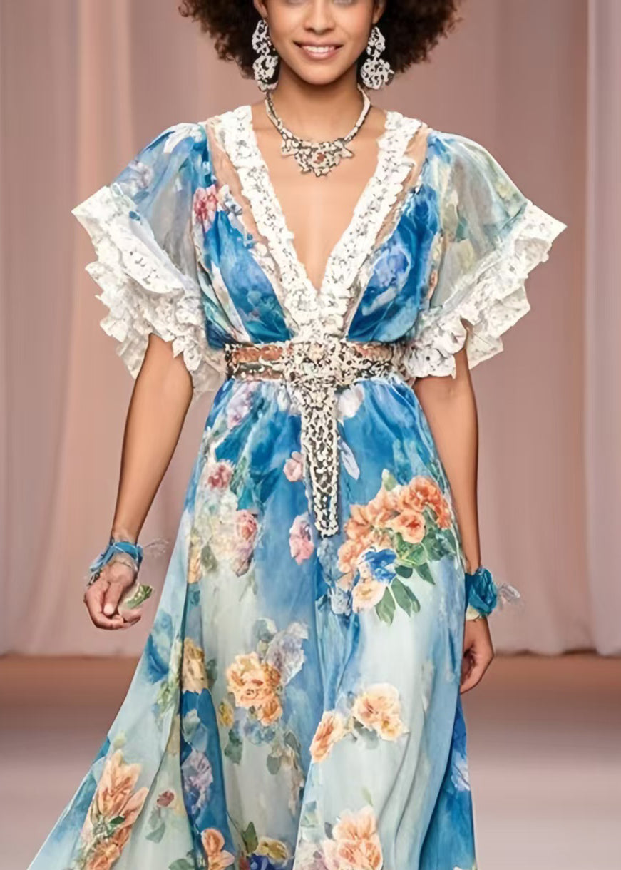 Beautiful Blue Cinched Floral Print Chiffon Maxi Dress Summer
