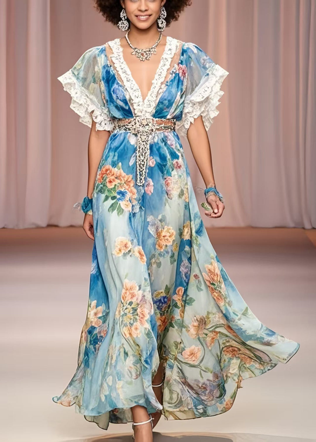 Beautiful Blue Cinched Floral Print Chiffon Maxi Dress Summer