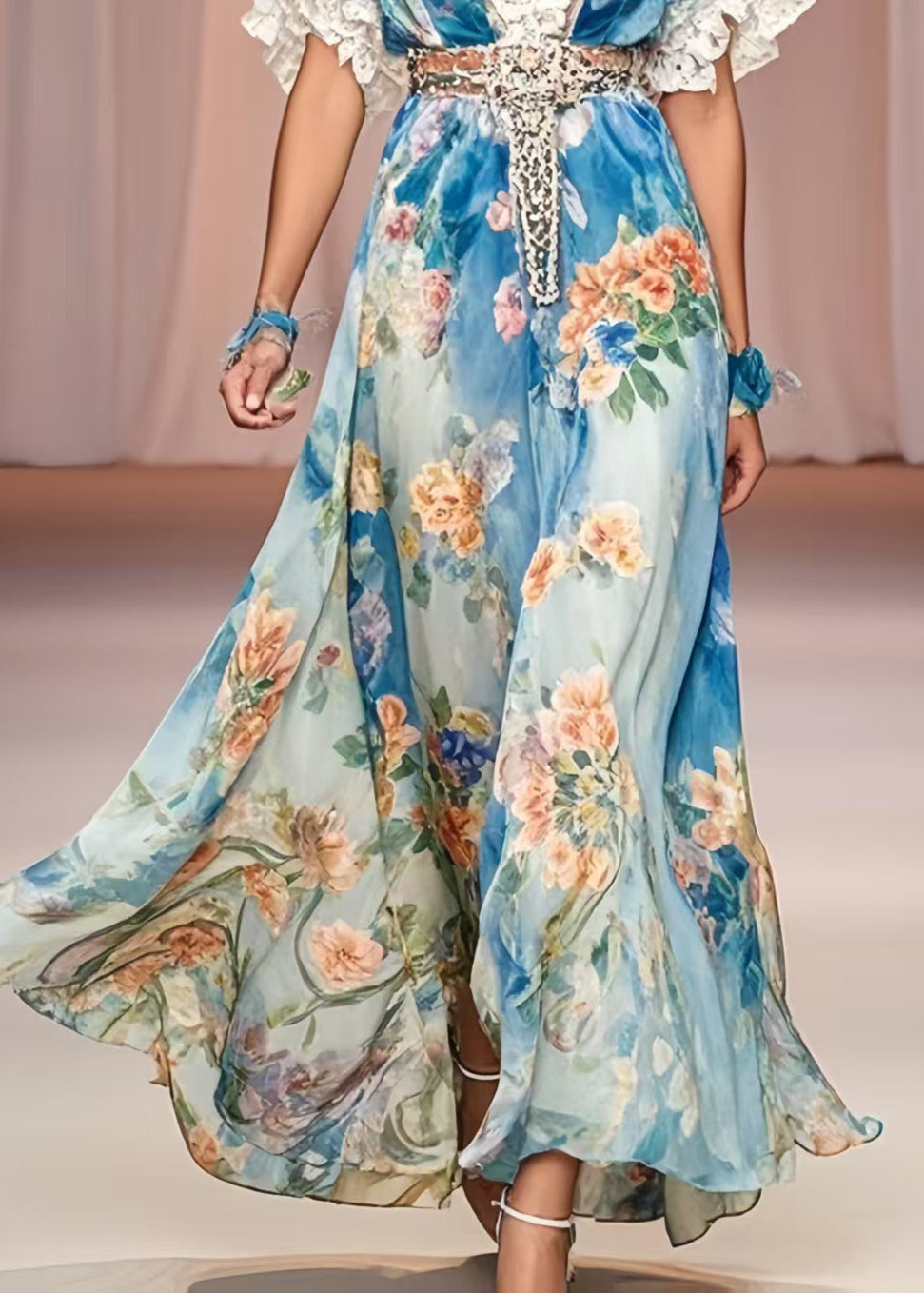 Beautiful Blue Cinched Floral Print Chiffon Maxi Dress Summer