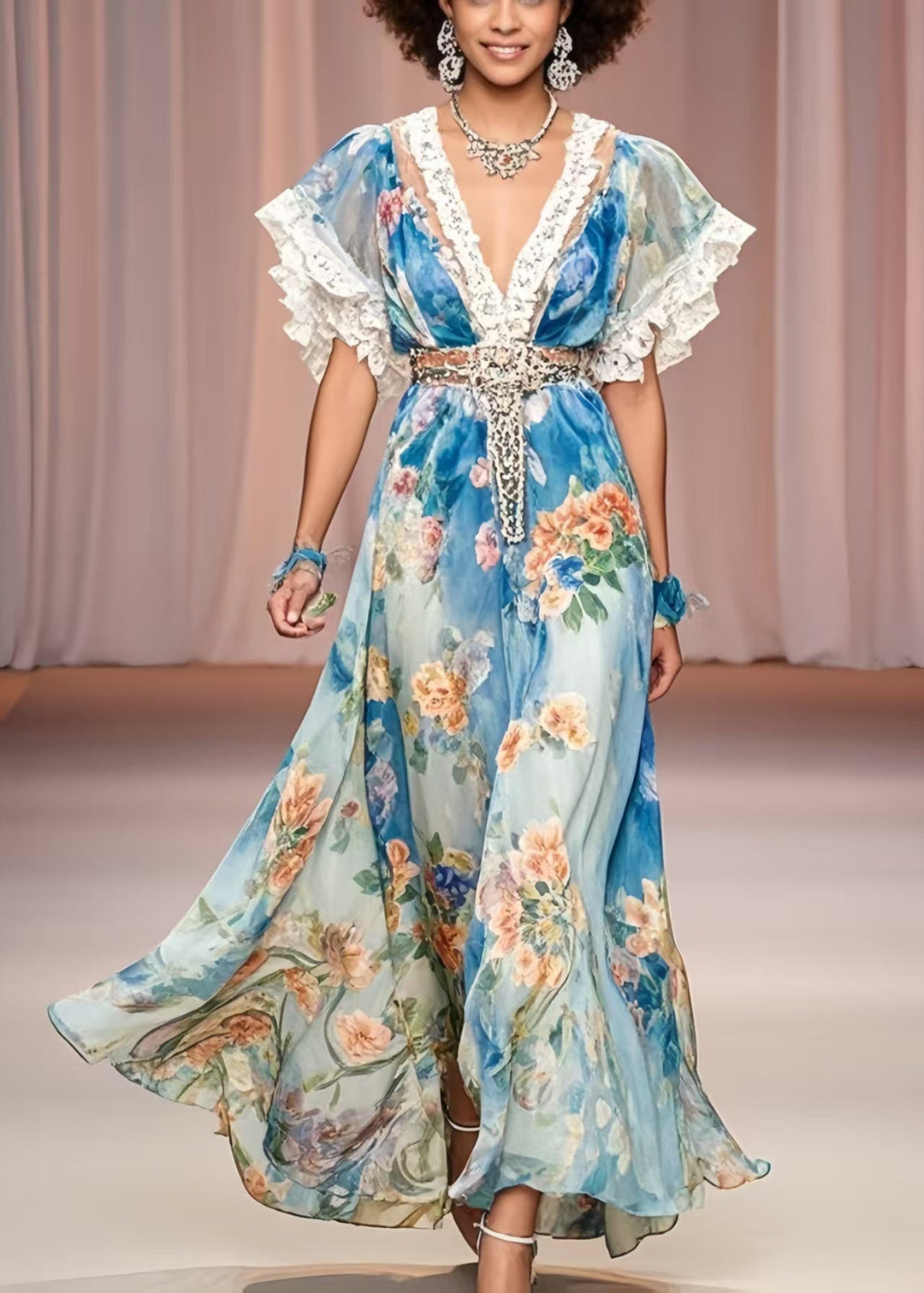 Beautiful Blue Cinched Floral Print Chiffon Maxi Dress Summer