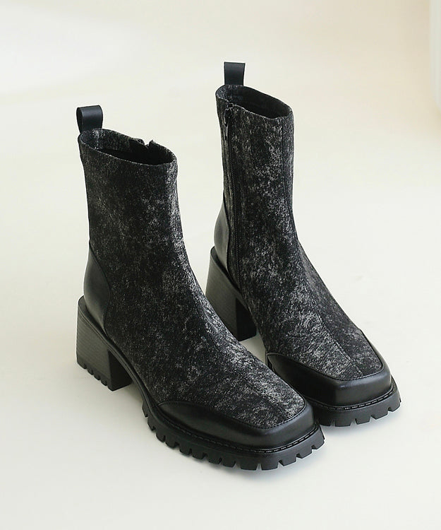 Beautiful Blue Cowhide Leather Splicing Chunky Boots