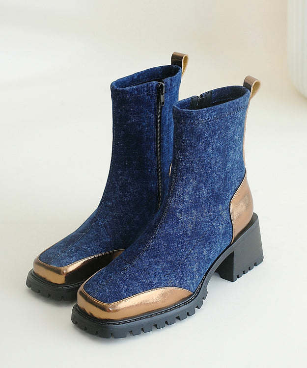 Beautiful Blue Cowhide Leather Splicing Chunky Boots