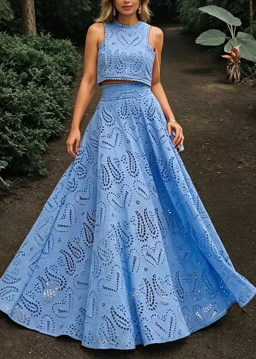 Beautiful Blue Cut Out Top And Exra Large Hem Skirts Two Pieces Set Sleeveless