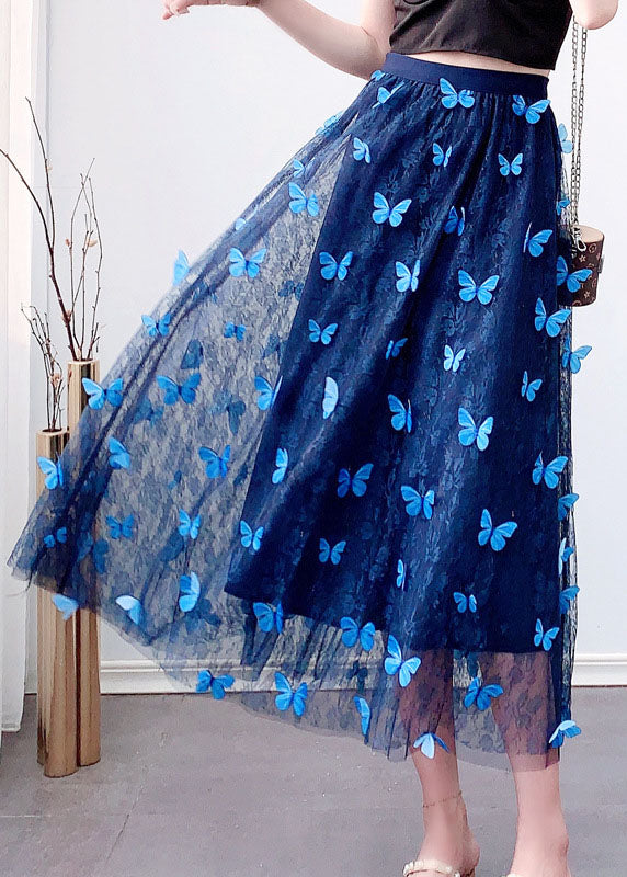 Beautiful Blue Butterfly Elastic Waist Tulle Jacquard Spring Skirt