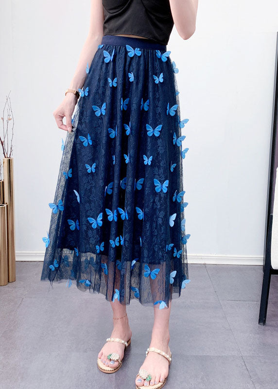 Beautiful Blue Butterfly Elastic Waist Tulle Jacquard Spring Skirt