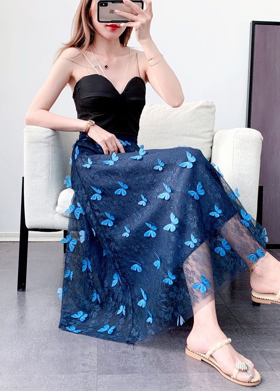 Beautiful Blue Butterfly Elastic Waist Tulle Jacquard Spring Skirt