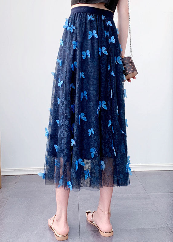 Beautiful Blue Butterfly Elastic Waist Tulle Jacquard Spring Skirt