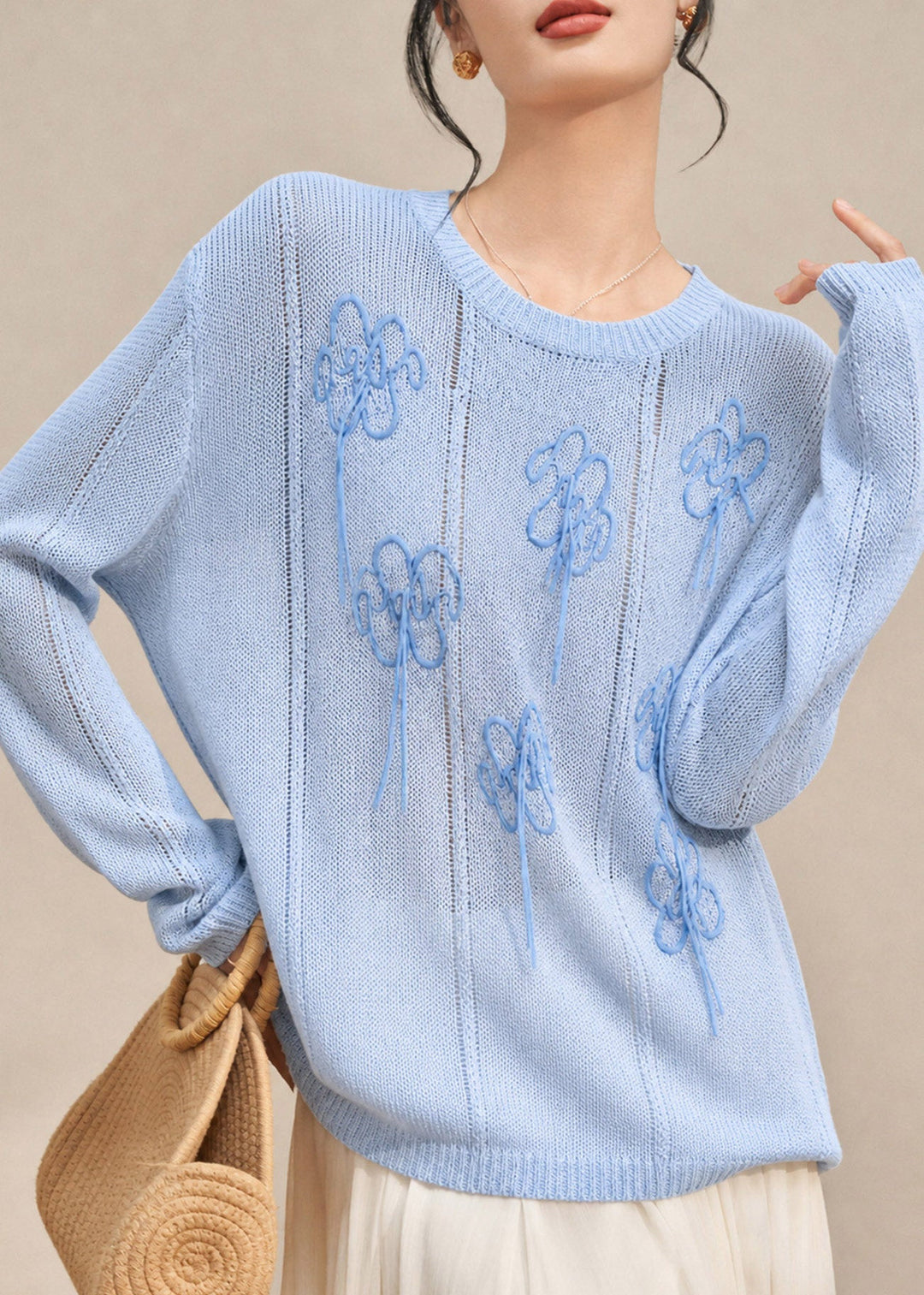 Beautiful Blue Embroidered Cotton Knit Sweaters Long Sleeve