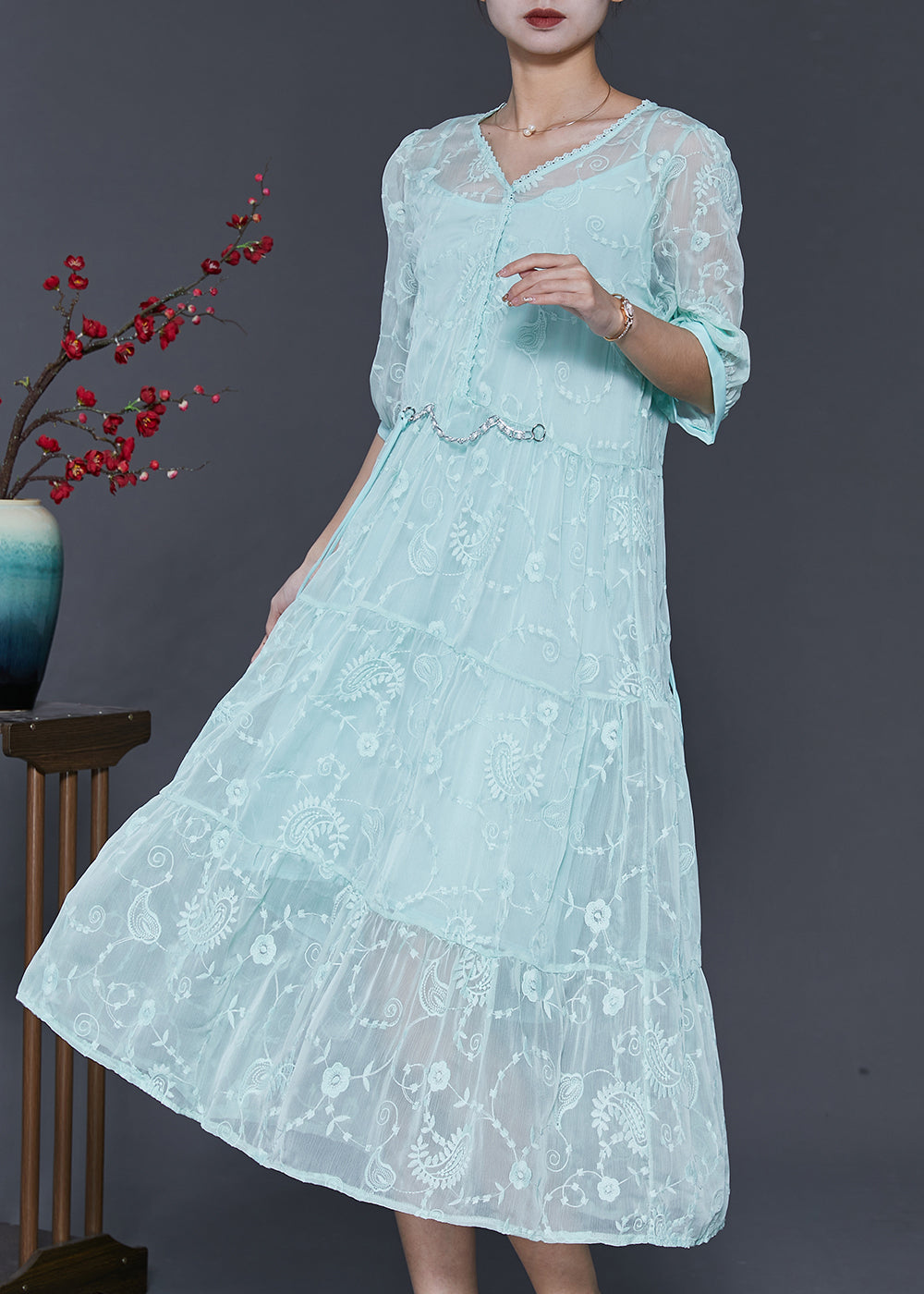 Beautiful Blue Embroidered Silk Long Dress Half Sleeve