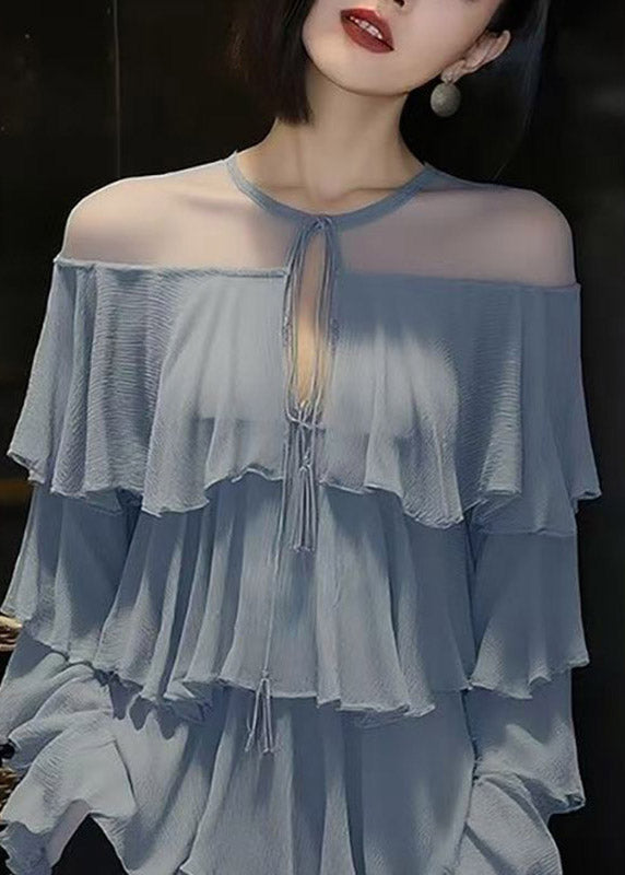 Beautiful Blue O-Nec Ruffled Tulle Patchwork Chiffon Shirt Spring