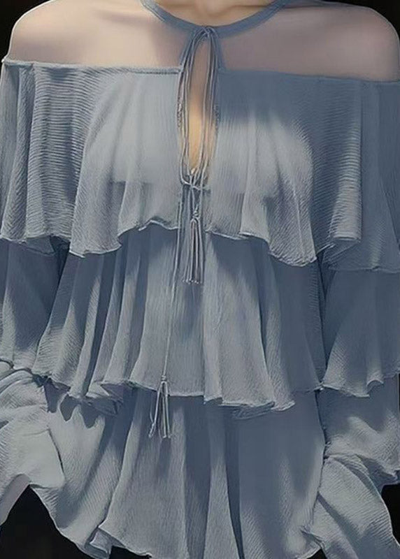 Beautiful Blue O-Nec Ruffled Tulle Patchwork Chiffon Shirt Spring