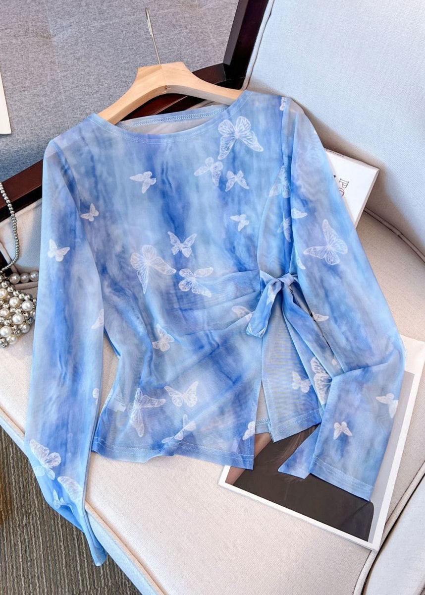 Beautiful Blue O Neck Butterfly Print Tulle T Shirt Fall