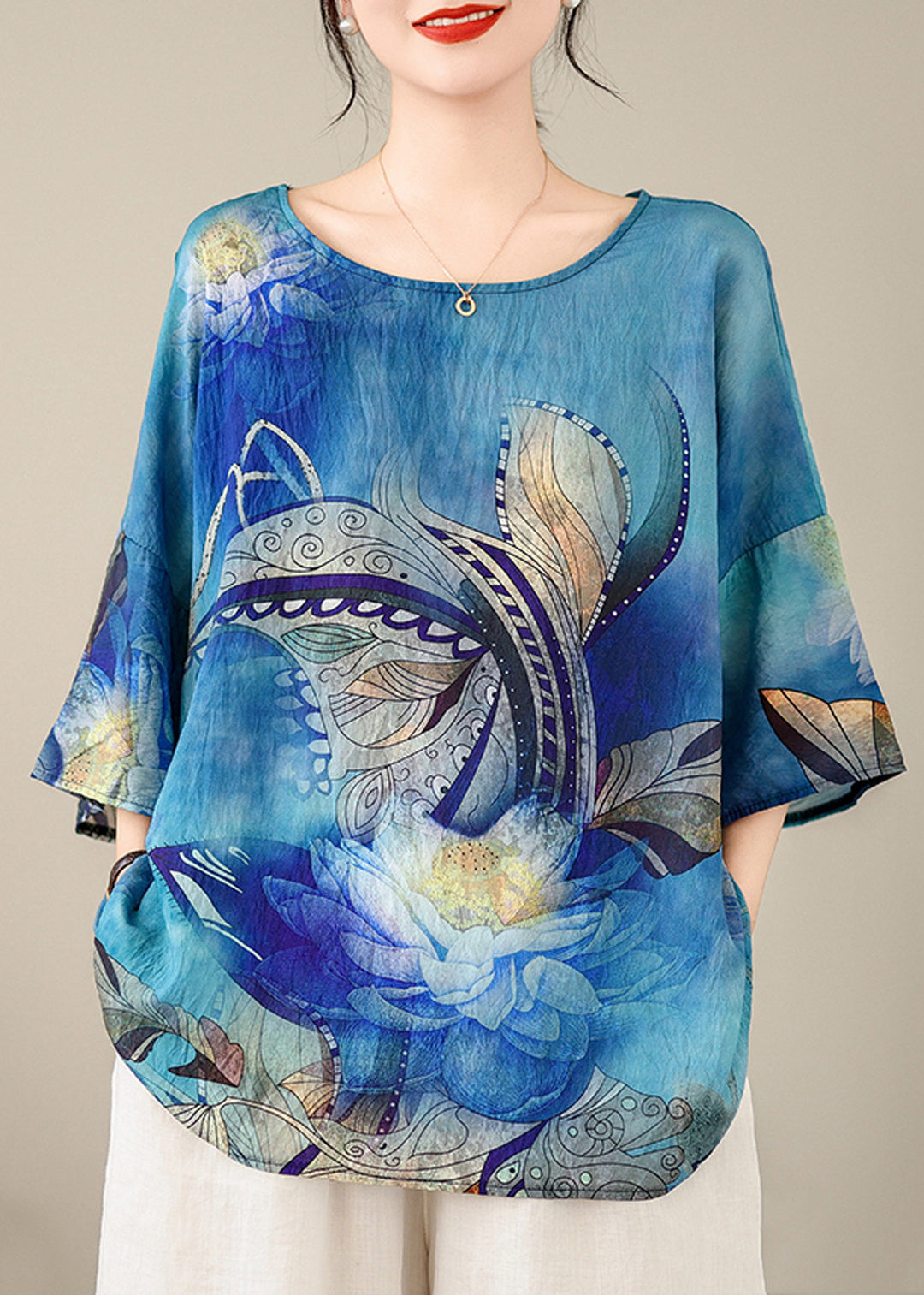 Beautiful Blue O Neck Print Cotton T Shirt Top Summer