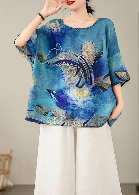 Beautiful Blue O Neck Print Cotton T Shirt Top Summer