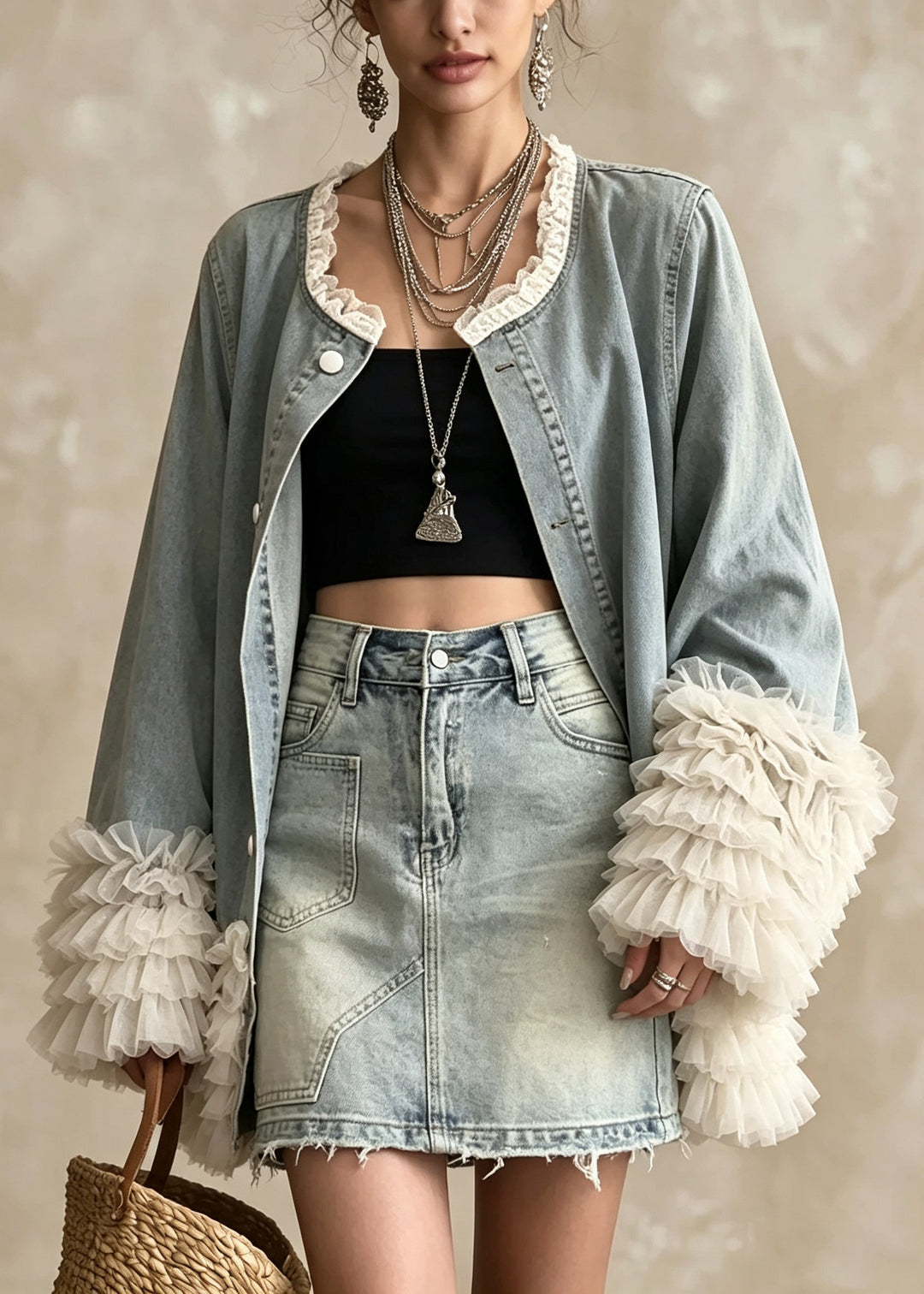 Beautiful Blue O Neck Ruffled Patchwork Denim Coat Fall
