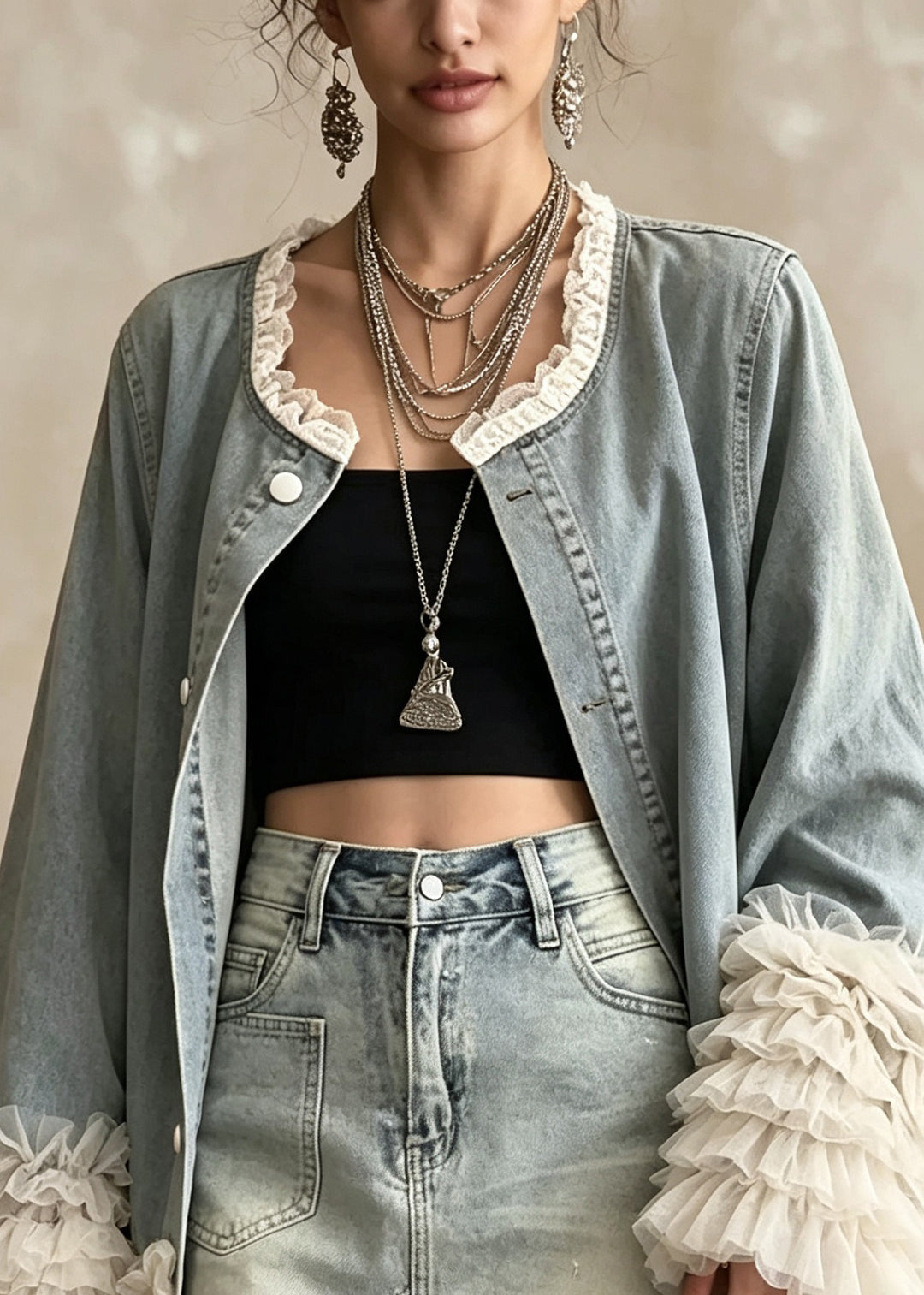 Beautiful Blue O Neck Ruffled Patchwork Denim Coat Fall