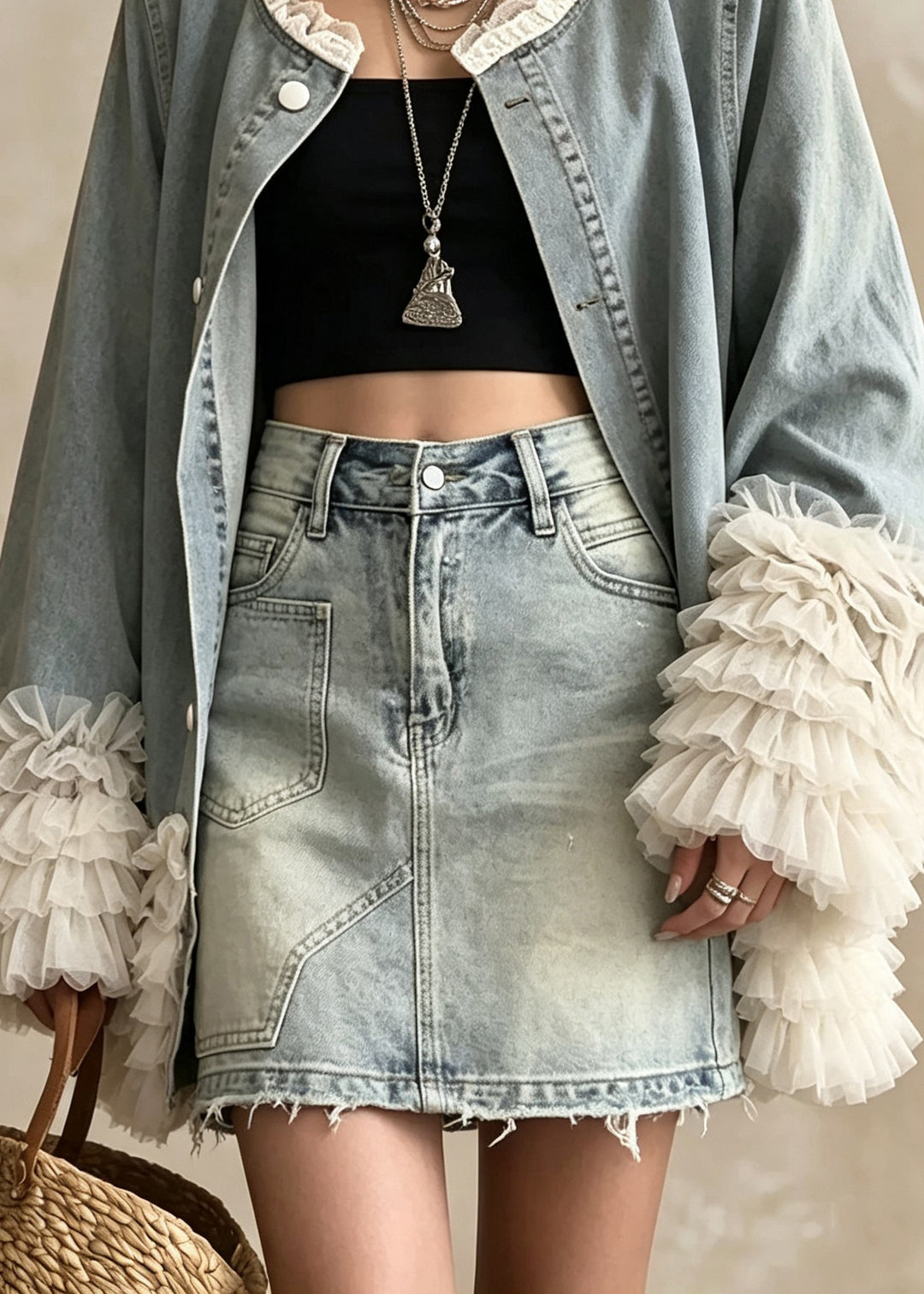 Beautiful Blue O Neck Ruffled Patchwork Denim Coat Fall