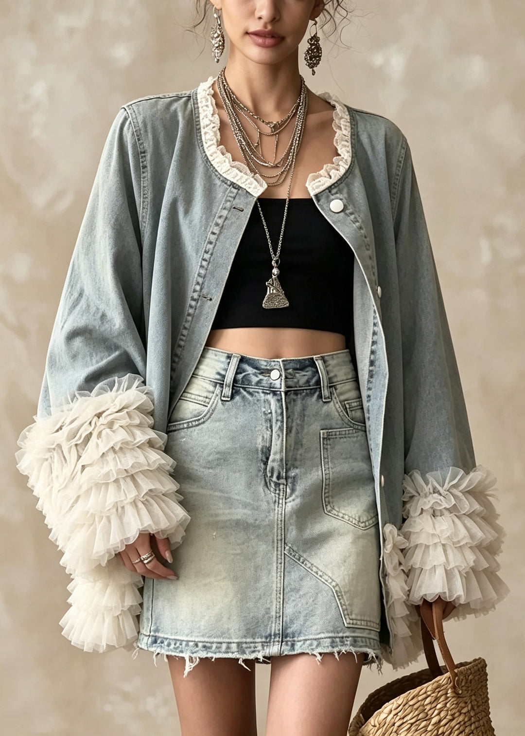 Beautiful Blue O Neck Ruffled Patchwork Denim Coat Fall