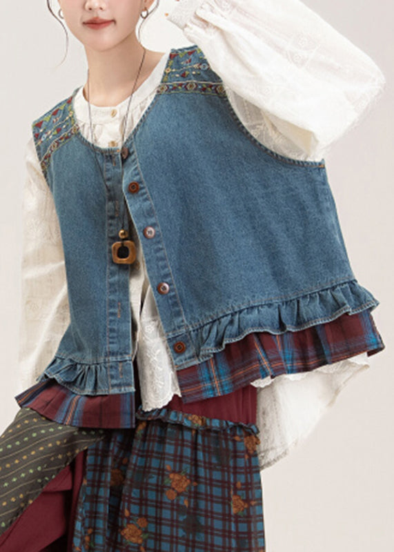 Beautiful Blue O-Neck Ruffled Patchwork Denim Waistcoat And Shirts Two Pieces Set Sleeveless