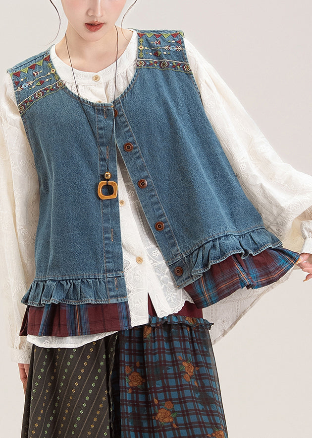 Beautiful Blue O-Neck Ruffled Patchwork Denim Waistcoat And Shirts Two Pieces Set Sleeveless