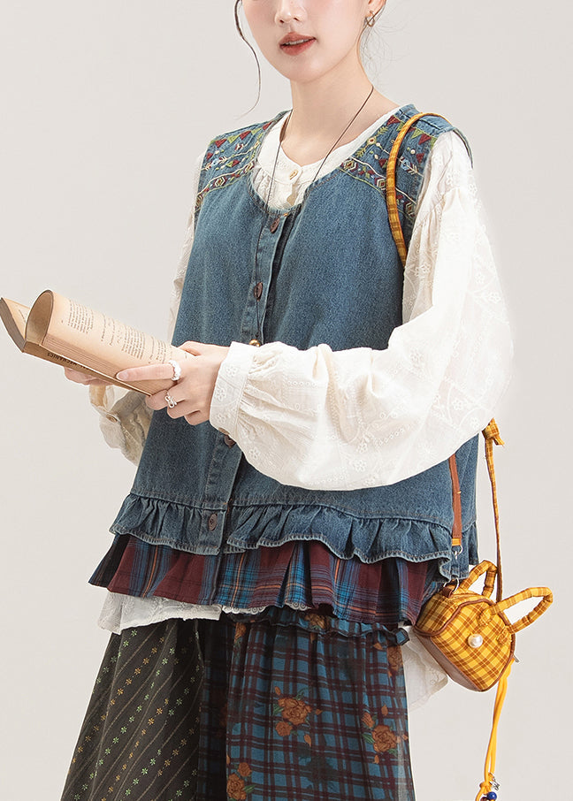Beautiful Blue O-Neck Ruffled Patchwork Denim Waistcoat And Shirts Two Pieces Set Sleeveless
