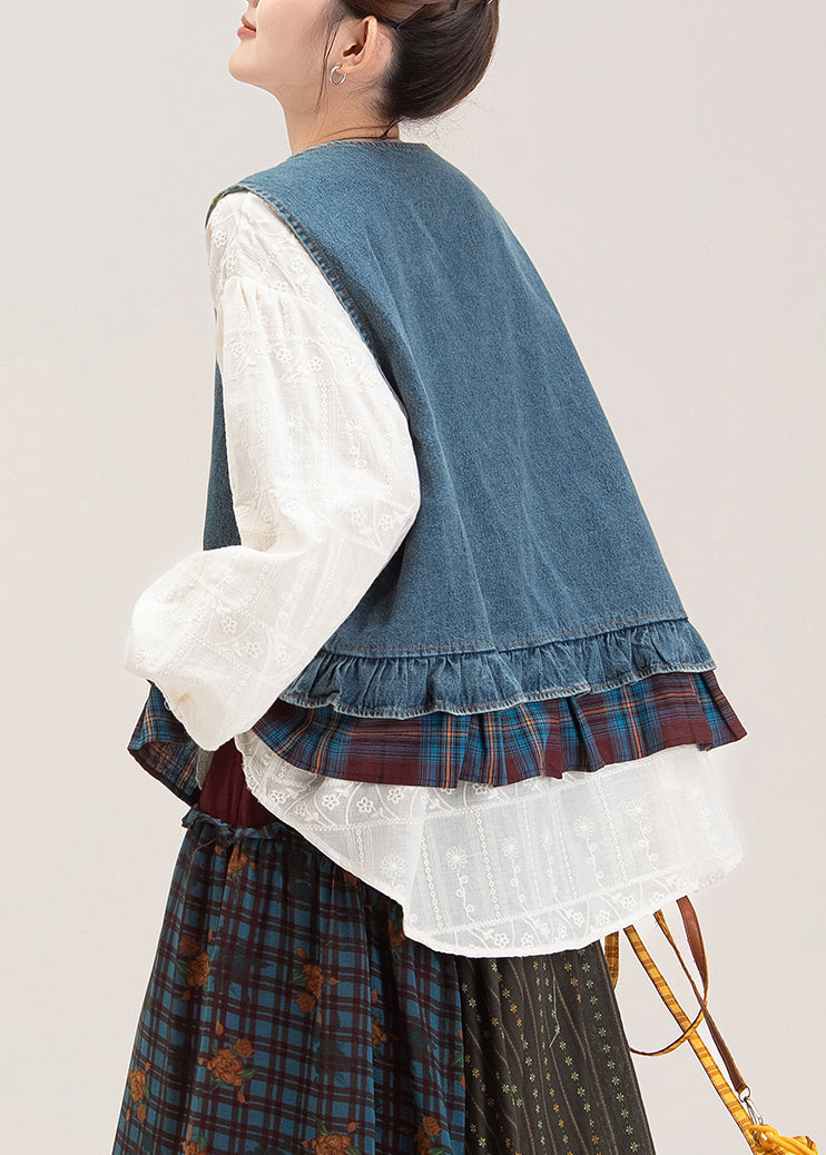 Beautiful Blue O-Neck Ruffled Patchwork Denim Waistcoat And Shirts Two Pieces Set Sleeveless