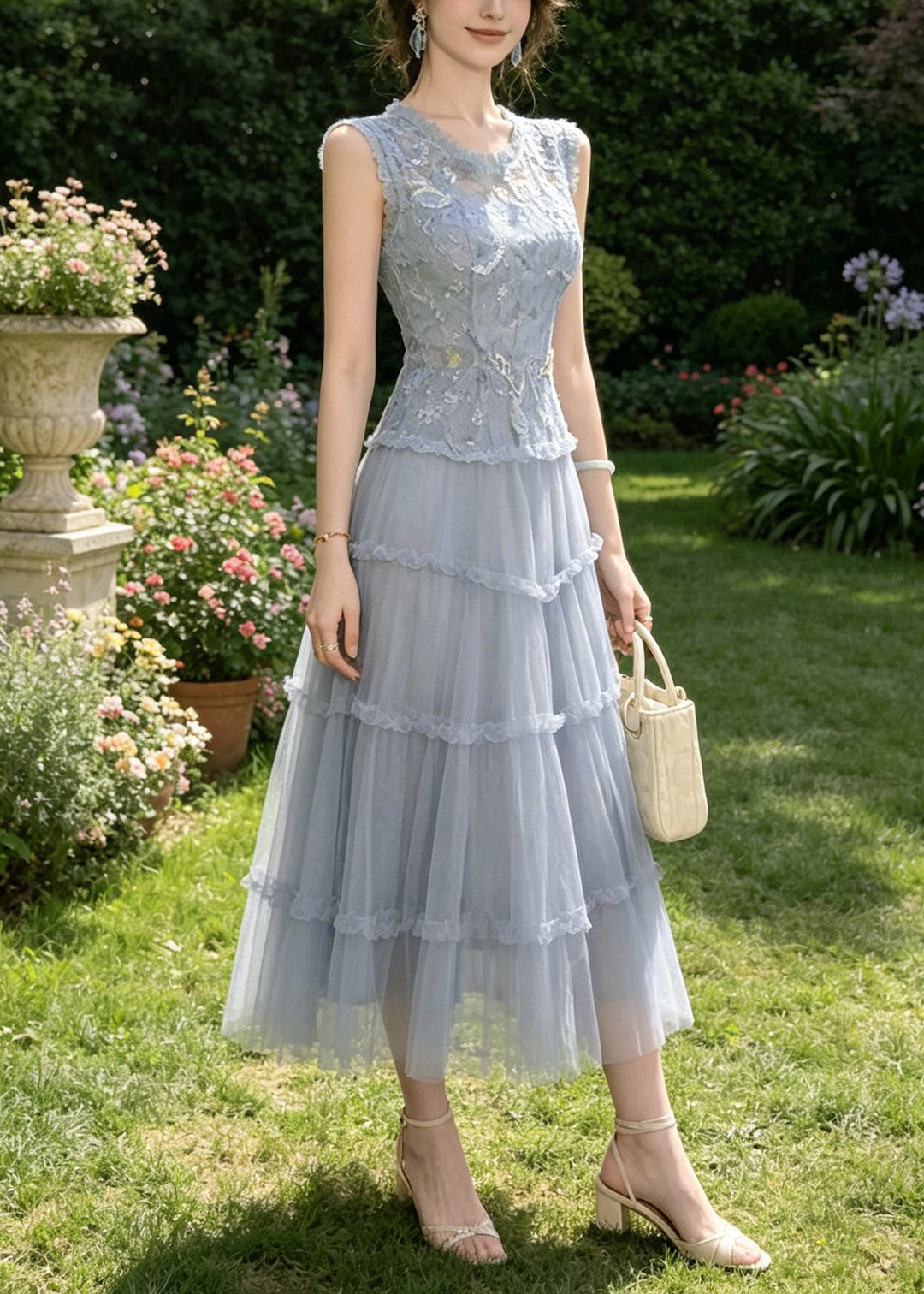 Beautiful Blue O-Neck Sequins Patchwork Tulle Long Sundress Sleeveless