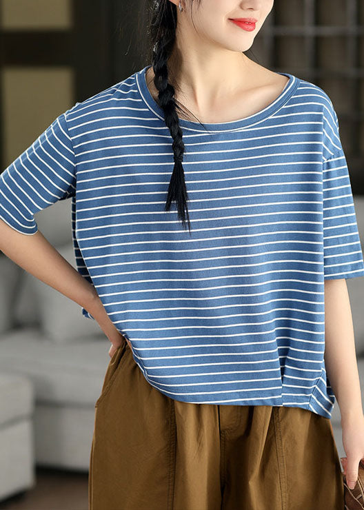 Beautiful Blue O Neck Striped Plus Size Linen Top Summer