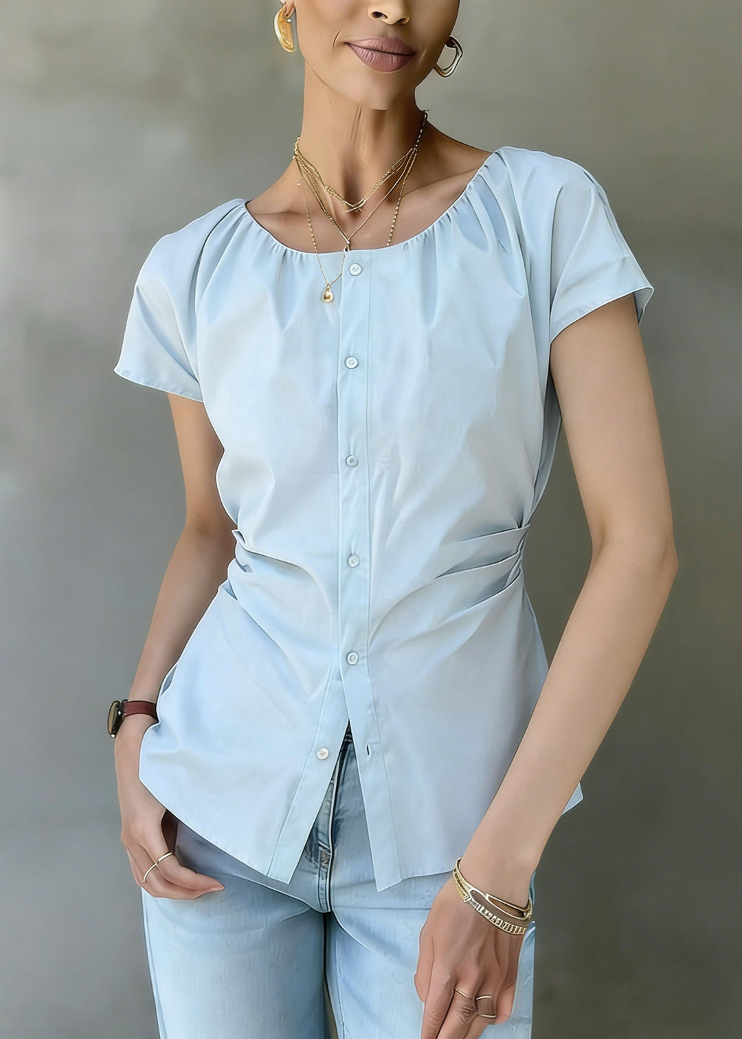 Beautiful Blue O Neck Wrinkled Button Cotton Shirt Summer