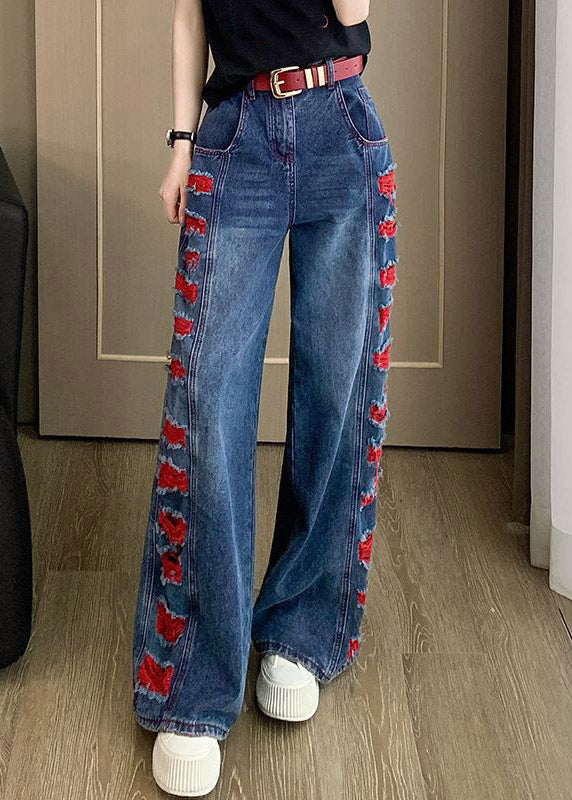 Beautiful Blue Patchwork Hole Wide Leg Jeans Spring