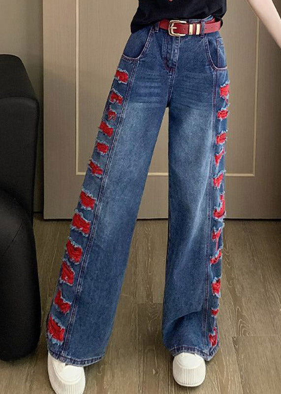 Beautiful Blue Patchwork Hole Wide Leg Jeans Spring