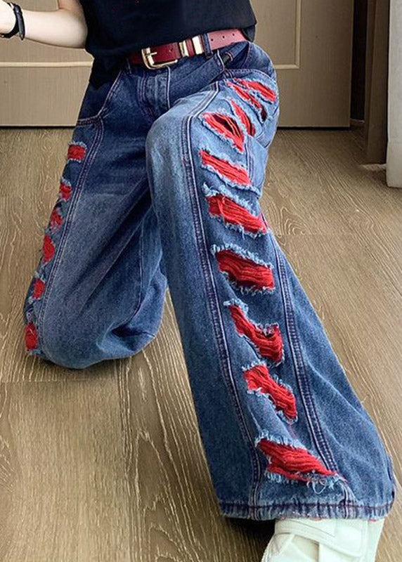 Beautiful Blue Patchwork Hole Wide Leg Jeans Spring
