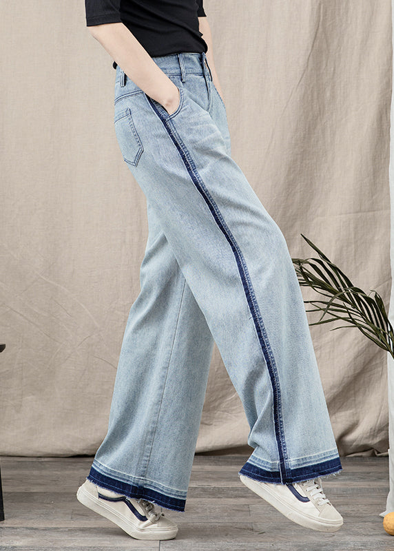 Beautiful Blue Pockets Patchwork Denim Wide Leg Pants Spring