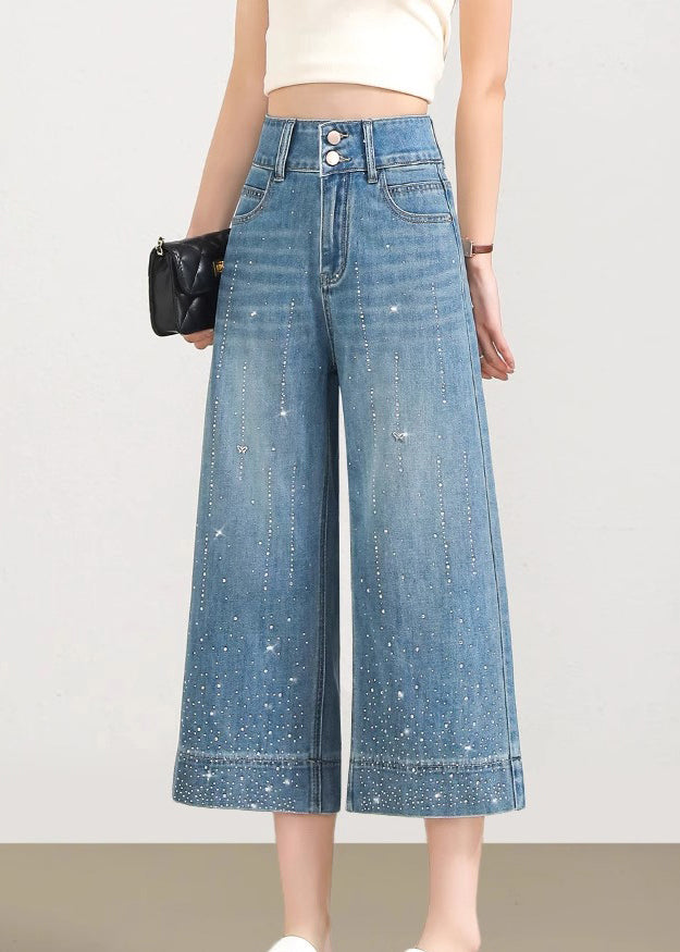 Beautiful Blue Pockets Zircon Denim Crop Pants Summer