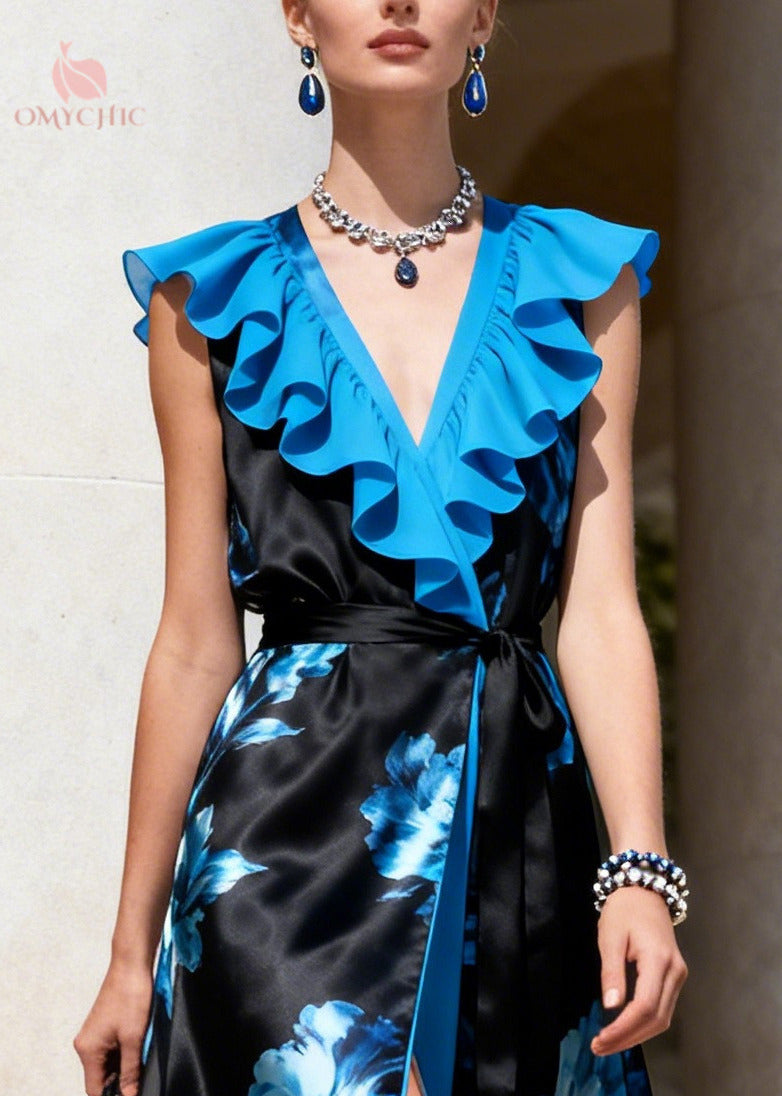 Beautiful Blue Ruffled Print Side Open Chiffon Maxi Dresses Sleeveless