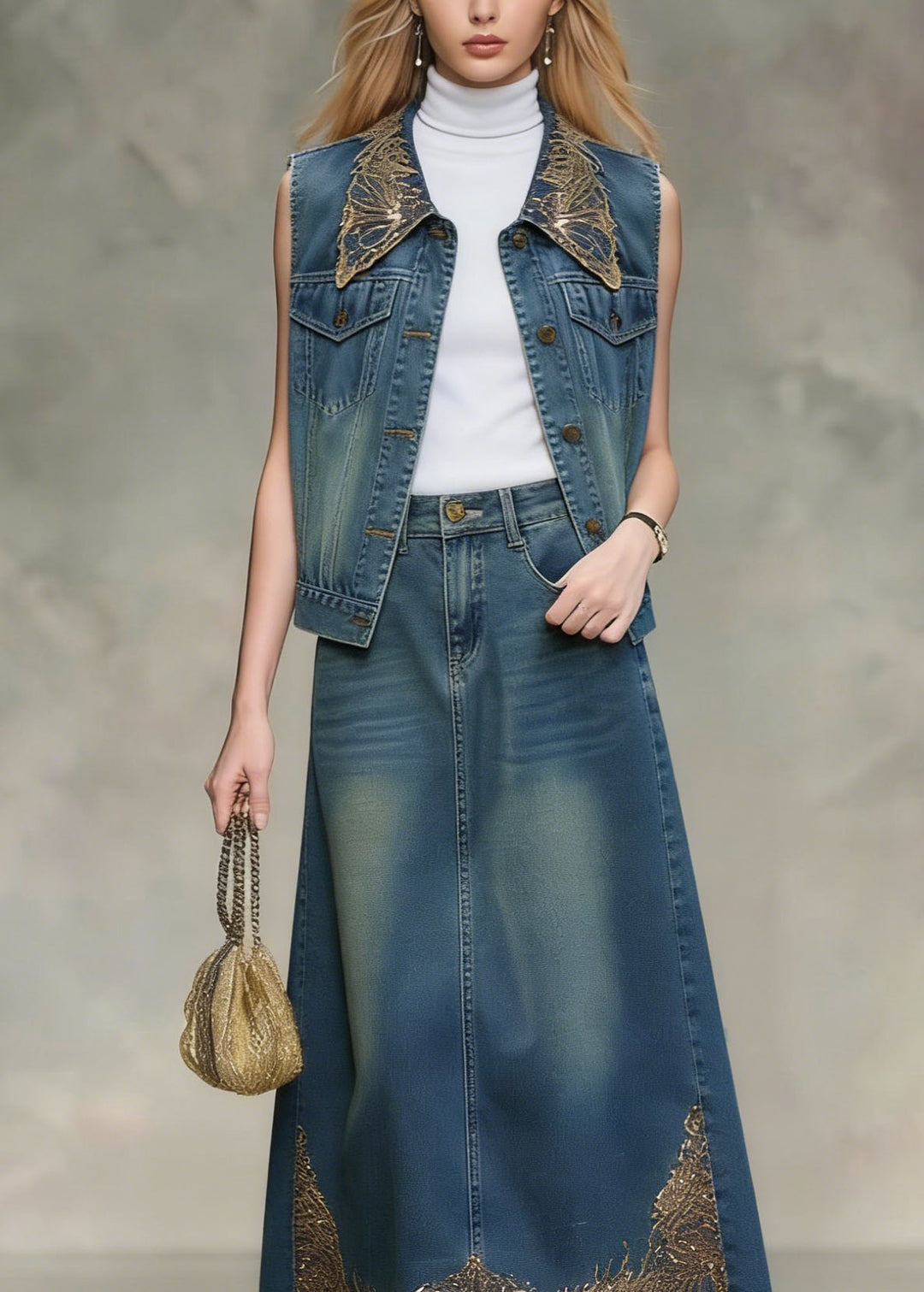 Beautiful Blue Sequins Embroidered Denim Two Pieces Set Spring