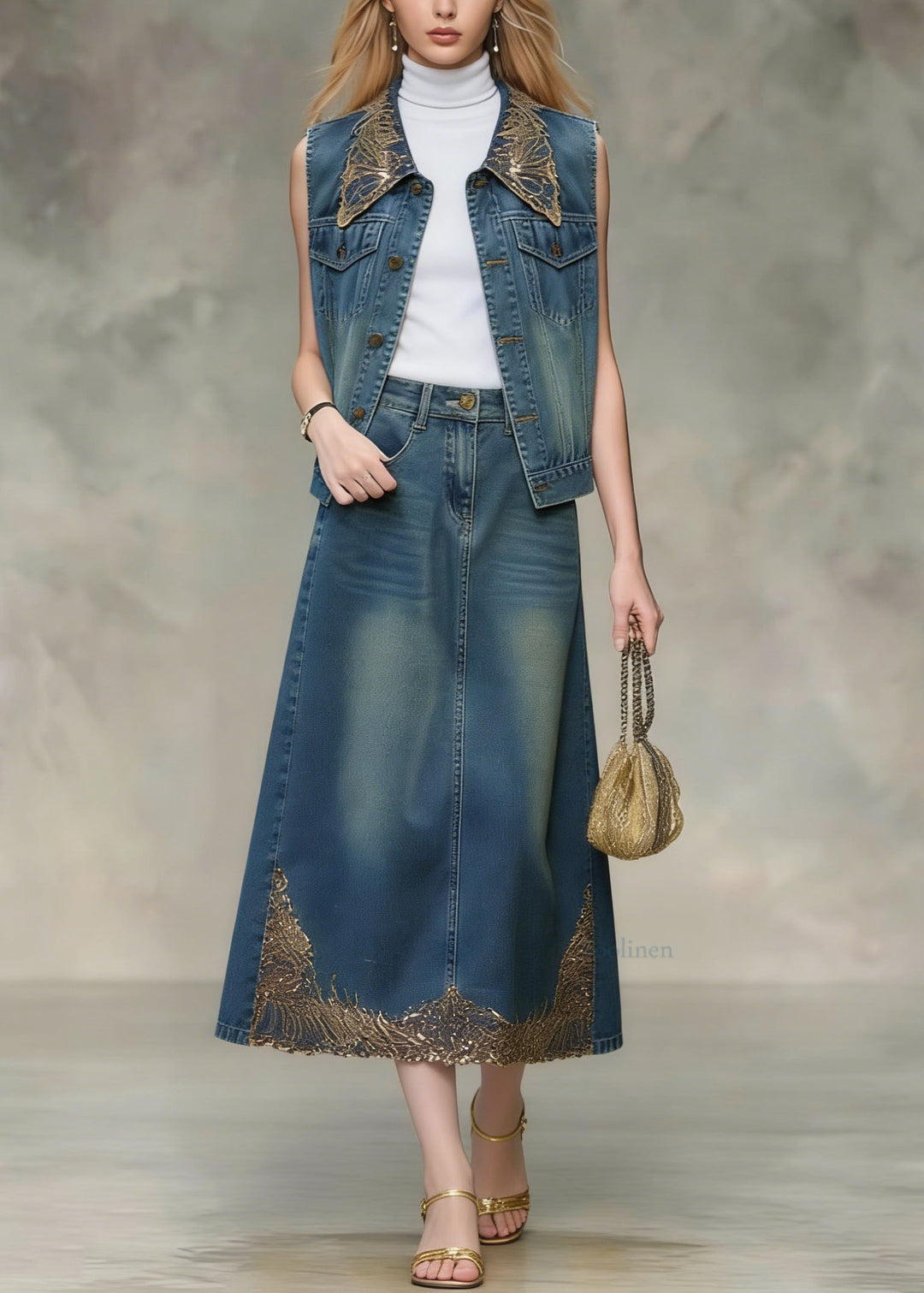 Beautiful Blue Sequins Embroidered Denim Two Pieces Set Spring