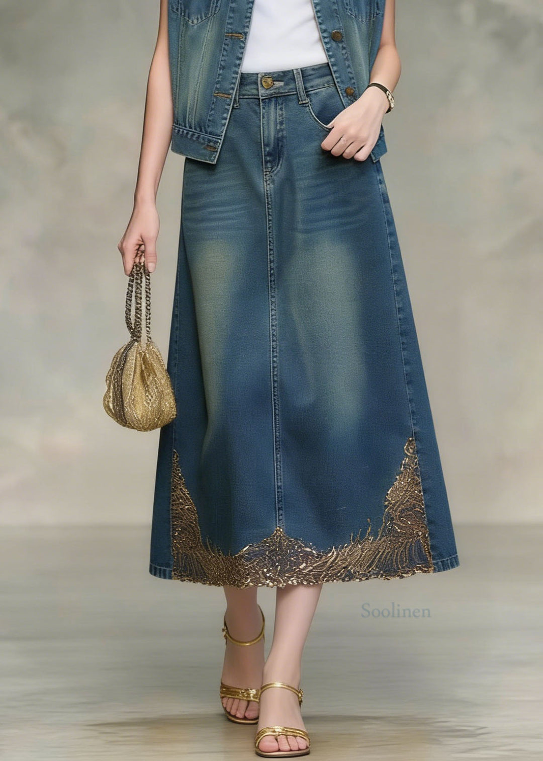 Beautiful Blue Sequins Embroidered Denim Two Pieces Set Spring
