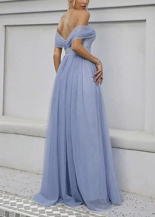 Beautiful Blue Slash Neck High Waist Tulle Maxi Dress Summer