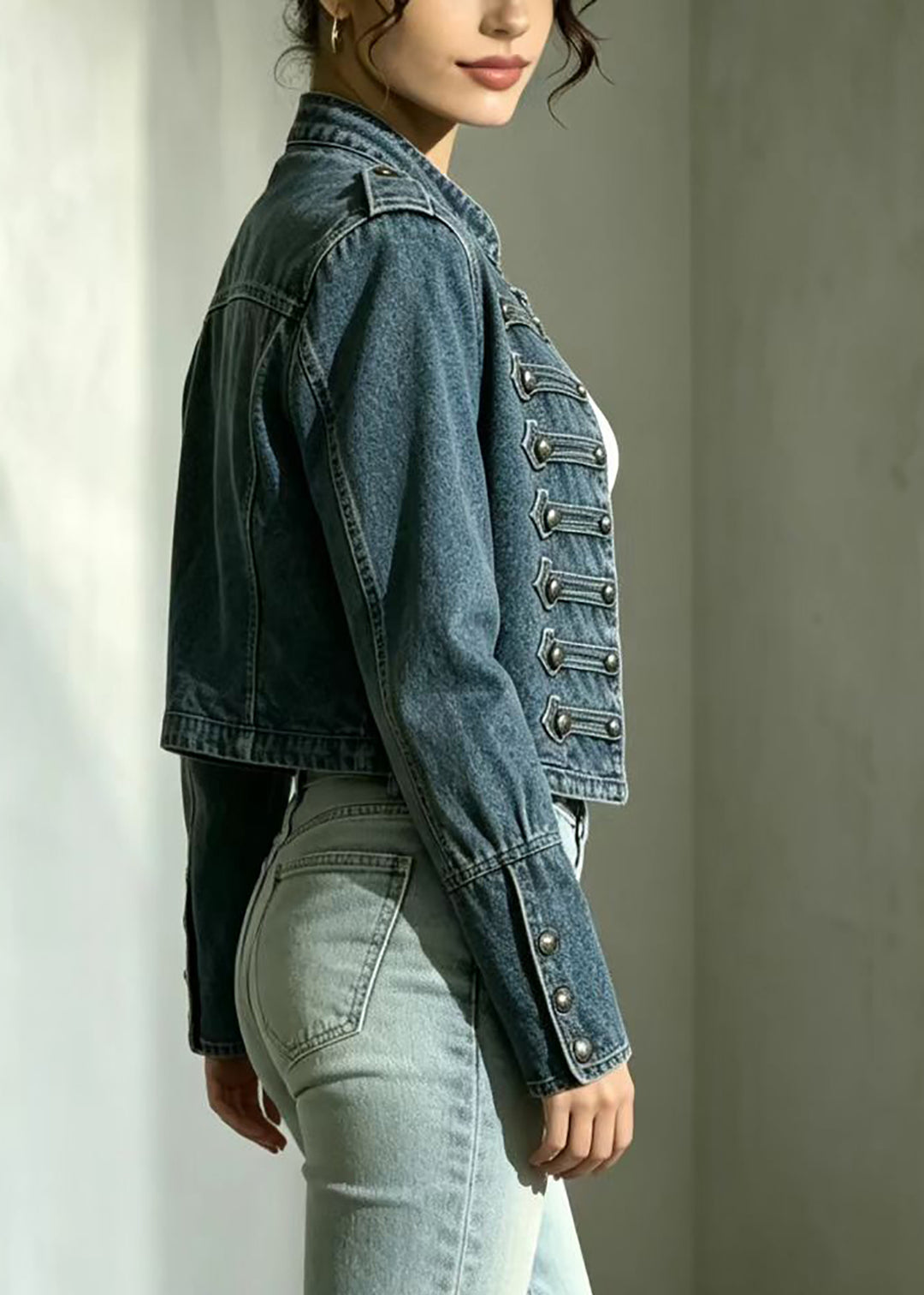 Beautiful Blue Stand Collar Multi-Row Buttons Cropped Denim Jacket Fall