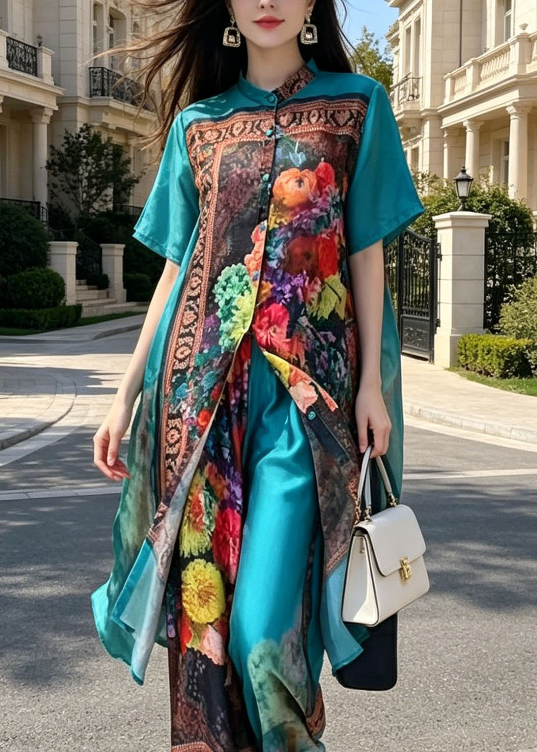 Beautiful Blue Stand Collar Print Silk Two Pieces Set Summer