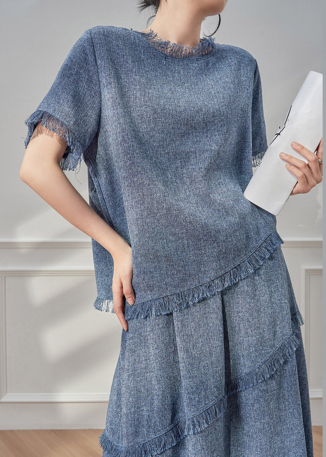 Beautiful Blue Tassel Patchwork T Shirt And Maxi Skirts Two Pieces Set Short Sleeve