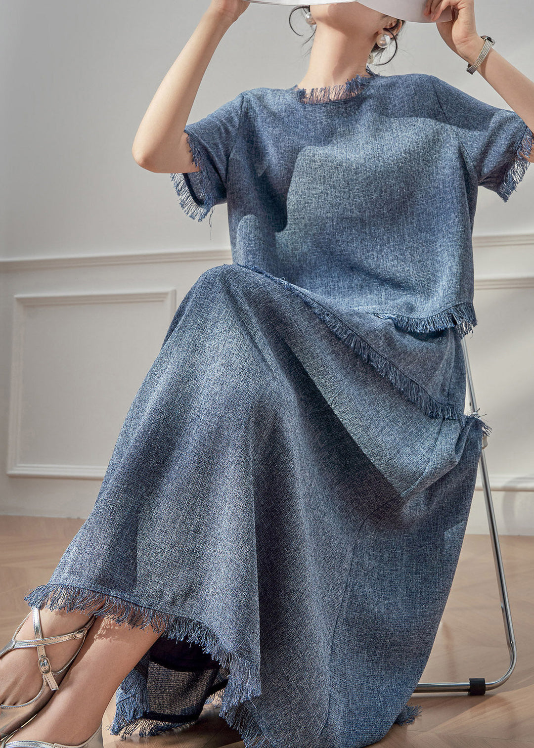 Beautiful Blue Tassel Patchwork T Shirt And Maxi Skirts Two Pieces Set Short Sleeve