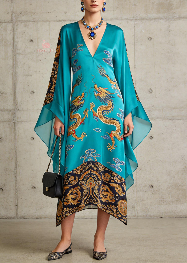 Beautiful Blue V Neck Oriental Print Chiffon Long Dress Flare Sleeve - Omychic