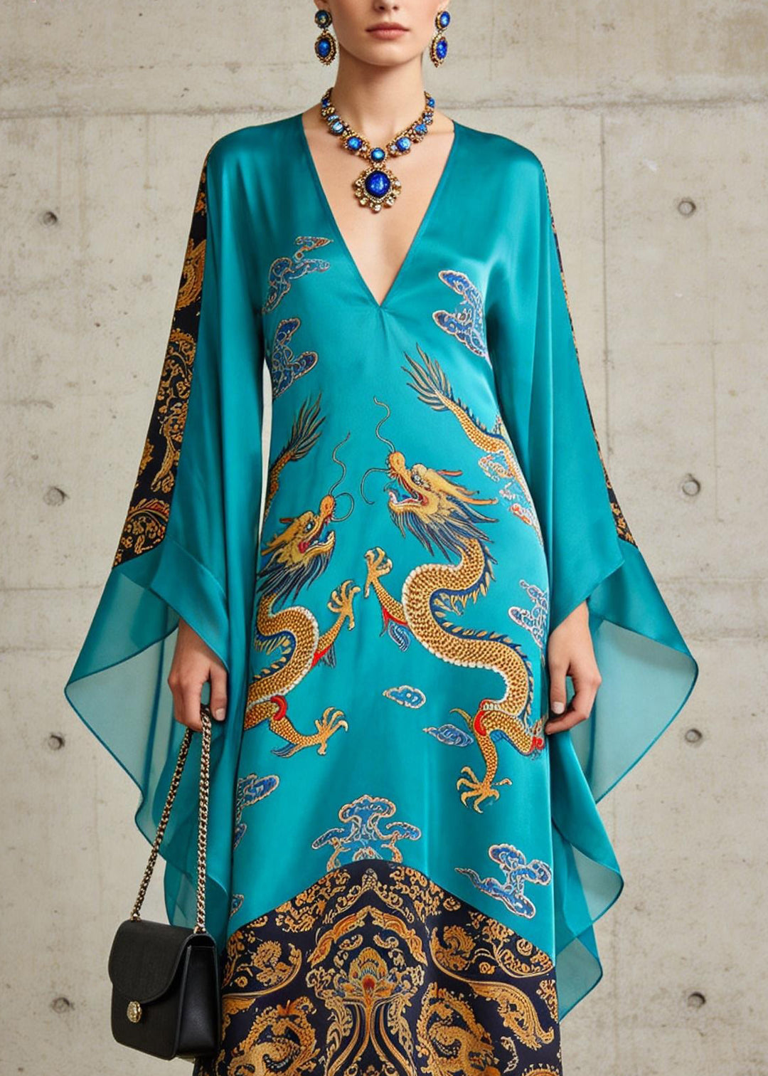 Beautiful Blue V Neck Oriental Print Chiffon Long Dress Flare Sleeve - Omychic