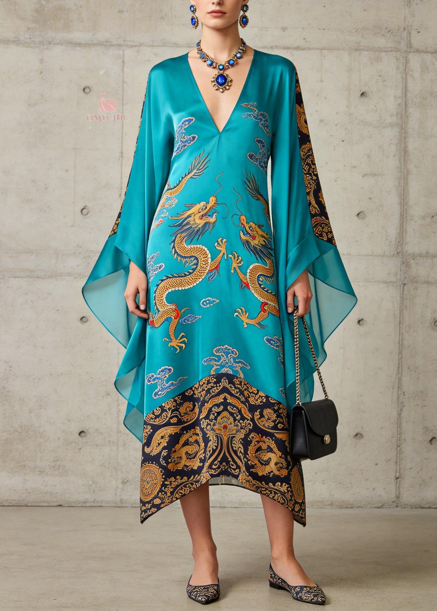 Beautiful Blue V Neck Oriental Print Chiffon Long Dress Flare Sleeve - Omychic